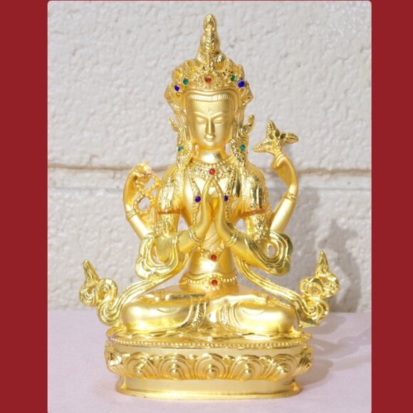 AVALOKITESVARA BUDDHA BEJEWELED GOLD ALLOY PLATED 6 IN STATUE-4 Arms-Bodhisattva - Picture 2 of 16